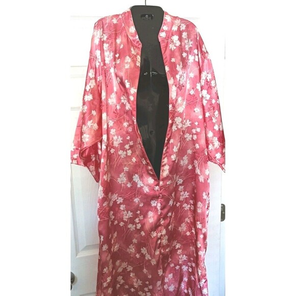 Valerie Stevens Robe Kaftan Size Medium Long Pink Floral Front Zipper Kimono - Picture 5 of 8